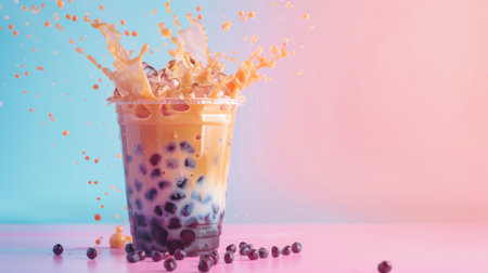 A creative shot of a bubble tea cup with tapioca pearls spilling out, set against a pastel background.の素材