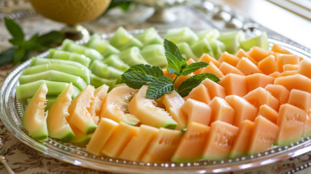 A fruit platter with sliced melon, cantaloupe, and honeydew, garnished with mint leaves for a refreshing treat.の素材