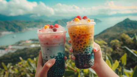 A person holding two bubble tea cups, showcasing different flavors and colors against a scenic background.の素材