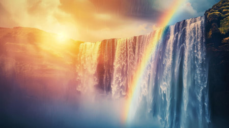 A stunning rainbow arching across a misty waterfall, illuminated by sunlight breaking through clouds.の素材