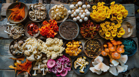 A variety of colorful mushrooms displayed on a rustic wooden table, ready for cooking.の素材