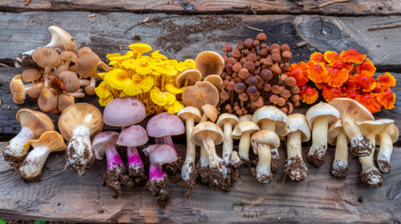 A variety of colorful mushrooms displayed on a rustic wooden table, ready for cooking.の素材