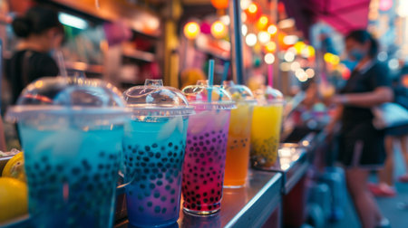 A vibrant bubble tea cart at a street market, attracting customers with its colorful drinks.の素材