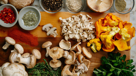 A variety of edible mushrooms displayed with herbs and spices on a kitchen counterの素材