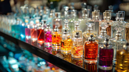 A variety of perfume samples on display, each in mini bottles with different fragrances, arranged attractively.の素材