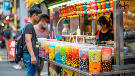 A vibrant bubble tea cart at a street market, attracting customers with its colorful drinks.の素材