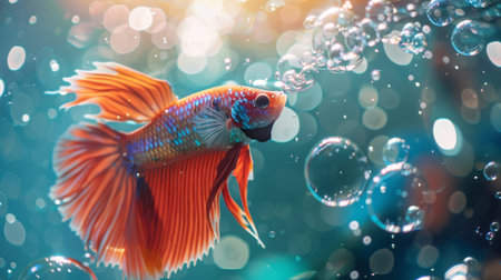 Close-up of a Betta fish blowing bubbles at the water surface, creating a mesmerizing pattern.の素材