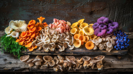 A variety of colorful mushrooms displayed on a rustic wooden table, ready for cooking.の素材