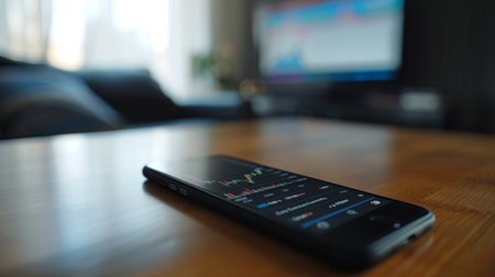 A smartphone with a stock market trading app open, showing price movements and trading volume.の素材