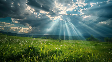 Sunbeams streaming through dramatic storm clouds, illuminating a green meadow below.の素材