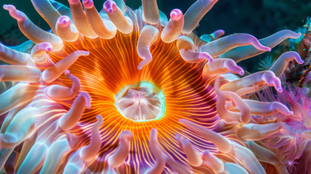 Close-up of a magnificent sea anemone with vivid colors and intricate patterns underwater.の素材