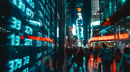 A stock market ticker board displaying scrolling stock prices and market indices in a busy financial district.の素材