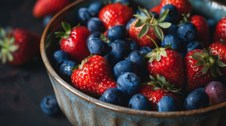 Close-up of ripe strawberries and blueberries piled in a ceramic bowl, showcasing their juicy freshness.の素材