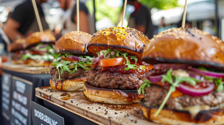 A variety of gourmet hamburgers served on wooden trays at a food festival, with people in the background enjoying the event.の素材