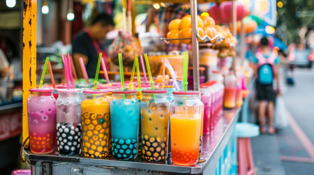 A vibrant bubble tea cart at a street market, attracting customers with its colorful drinks.の素材
