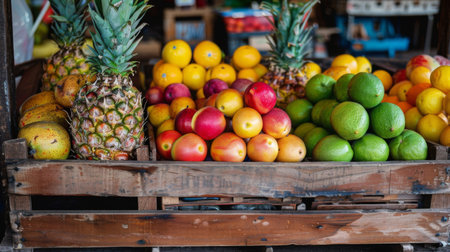 A vibrant assortment of fresh tropical fruits arranged in a rustic wooden crate at a farmer's market.の素材