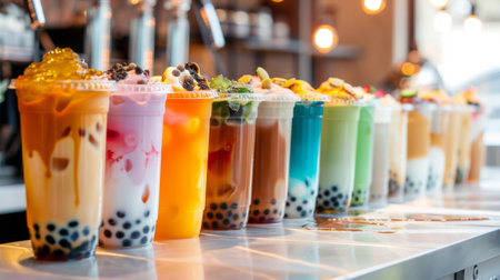 A variety of bubble tea flavors lined up on a counter, showcasing the different colors and toppings.の素材