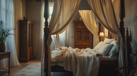A bedroom with a four-poster bed and flowing curtains, creating a romantic ambianceの素材