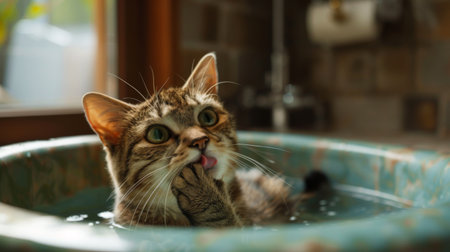A cat licking its paw while sitting in a shallow basin, appearing calm during bath timeの素材
