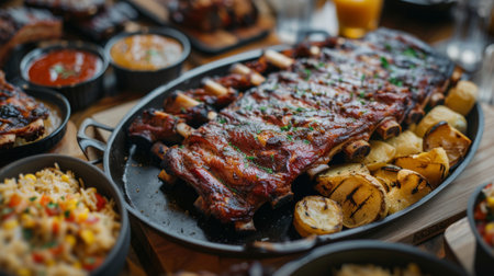 A barbecue restaurant setting with a platter of smoked pork ribs and assorted side dishesの素材