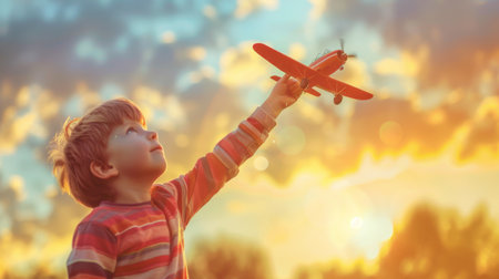 A boy flying a toy airplane through the air, imagining a flight journeyの素材