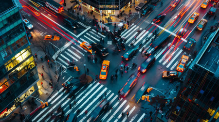 A busy intersection with traffic lights and pedestrian crossings, causing delaysの素材