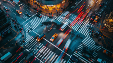 A busy intersection with multiple traffic lights controlling vehicle flow during rush hourの素材
