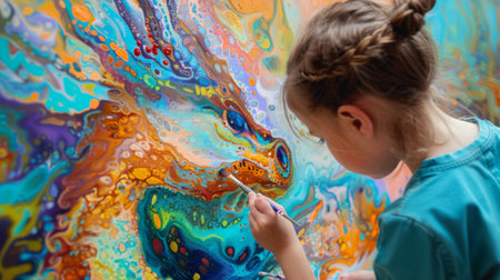 A child with a paintbrush, painting a colorful dragon on a large canvasの素材