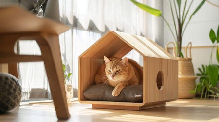 A cat resting inside a Scandinavian-style wooden cat house with minimalist designの素材