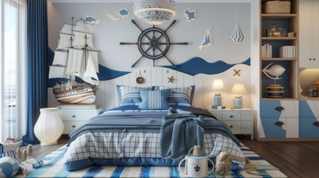 A bedroom with a nautical theme, featuring blue and white decor, ship models, and sea-themed beddingの素材