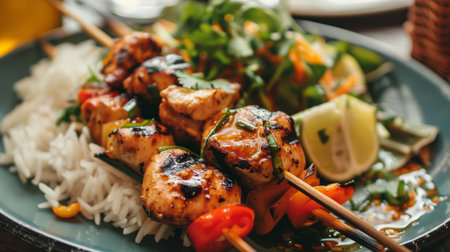 A close-up of Thai-style grilled chicken skewers served with som tam and sticky riceの素材