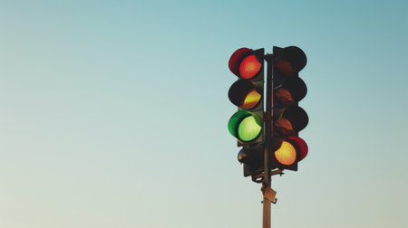 A close-up of a traffic light showing green, yellow, and red signals against a clear sky backgroundの素材