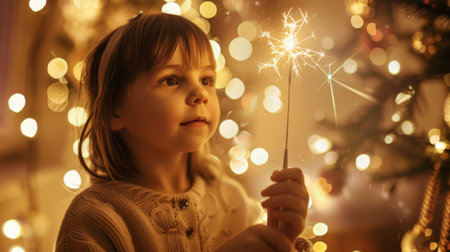 A child holding a wand, surrounded by fairy lights and pretending to cast spellsの素材