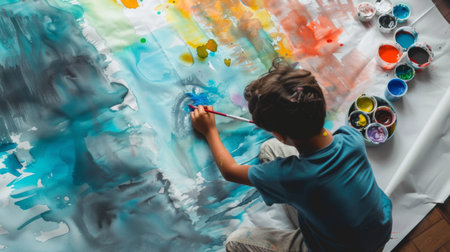 A boy using watercolor paints to add color to his drawing on a large sheet of paperの素材