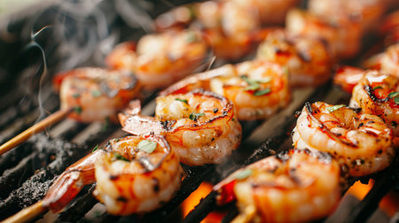 A close-up of marinated shrimp skewers sizzling on a hot grill, with grill marks visibleの素材