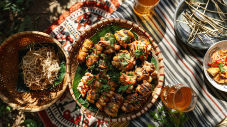 A festive outdoor picnic with plates of grilled chicken and som tam, enjoyed under the sunの素材