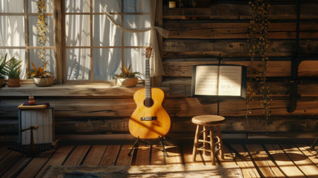 A cozy music corner with an acoustic guitar, a stool, and a music stand holding sheet musicの素材