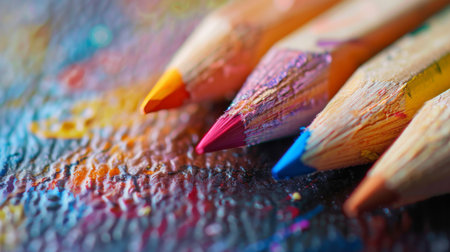 A detailed close-up of colored pencil strokes on textured paperの素材
