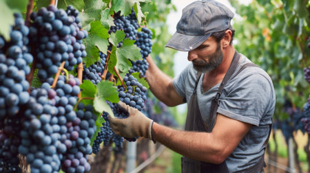 A farmer inspecting clusters of ripe grapes in a vineyard, ready for wine productionの素材