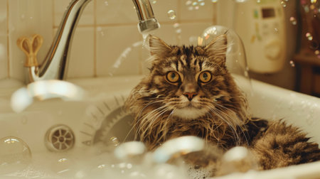 A fluffy cat reluctantly getting bathed in a sink, with soap bubbles and a concerned expressionの素材