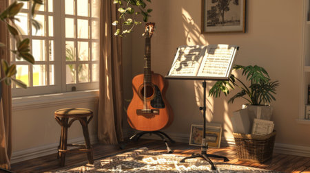 A cozy music corner with an acoustic guitar, a stool, and a music stand holding sheet musicの素材