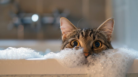 A curious cat peeking over the edge of a bathtub filled with bubbles, preparing for a bathの素材