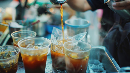 A street vendor preparing Thai iced tea with a tea bag steeping in hot water, next to condensed milkの素材