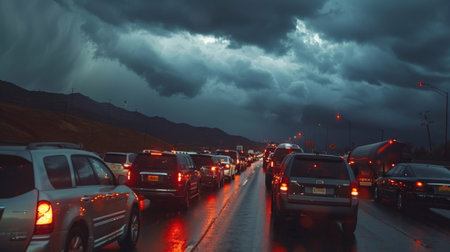 A long line of vehicles stuck in traffic under a cloudy sky, delaying travel timeの素材