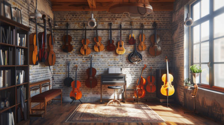 A music room with various string instruments hanging on the wall and a comfortable practice areaの素材