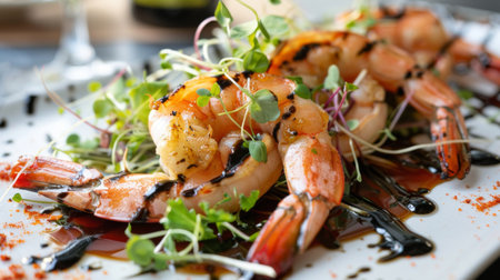 A gourmet presentation of grilled shrimp with a drizzle of balsamic glaze and microgreensの素材