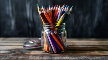 A jar filled with a variety of colored pencils on a wooden deskの素材
