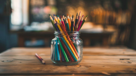 A jar filled with a variety of colored pencils on a wooden deskの素材