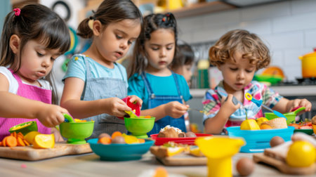 A group of kids playing with toy kitchen sets, pretending to cook and serve foodの素材