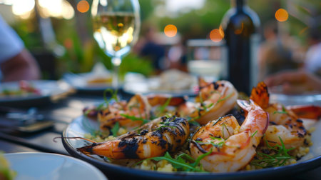 A person enjoying a seafood meal with grilled shrimp and a glass of white wine on a patioの素材